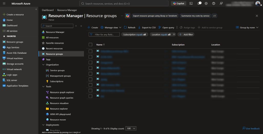 Azure-portaal met de resource groups van de CollabSpace-omgeving