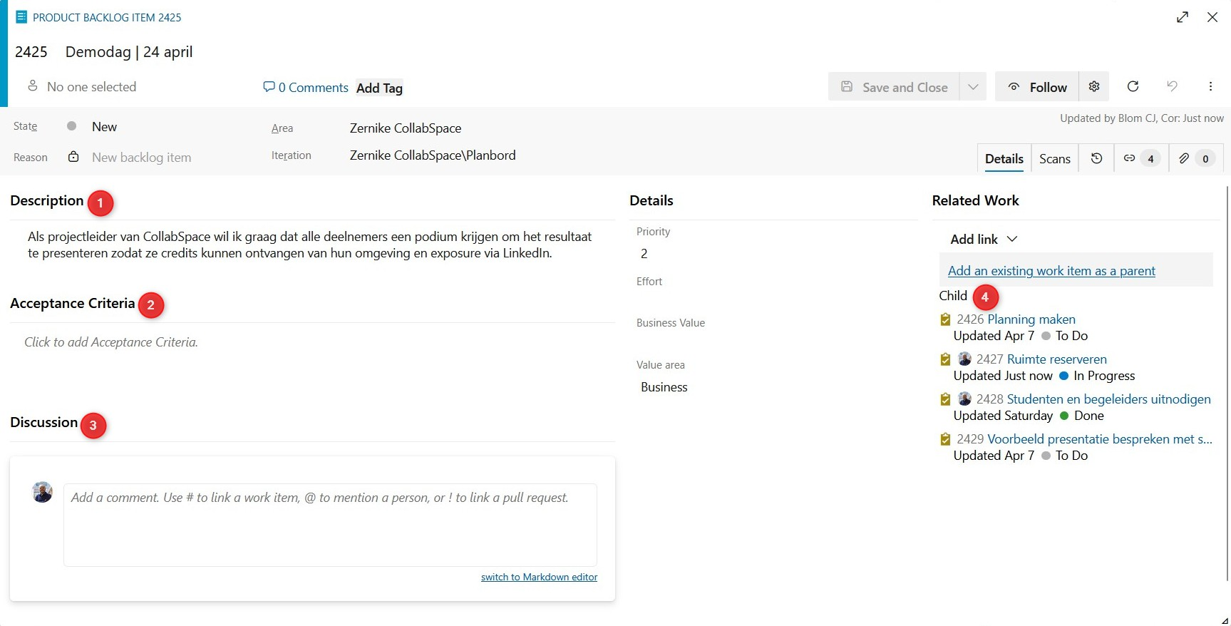 Product Backlog Item in Azure DevOps met user story, acceptatiecriteria, Discussion en vier gekoppelde taken
