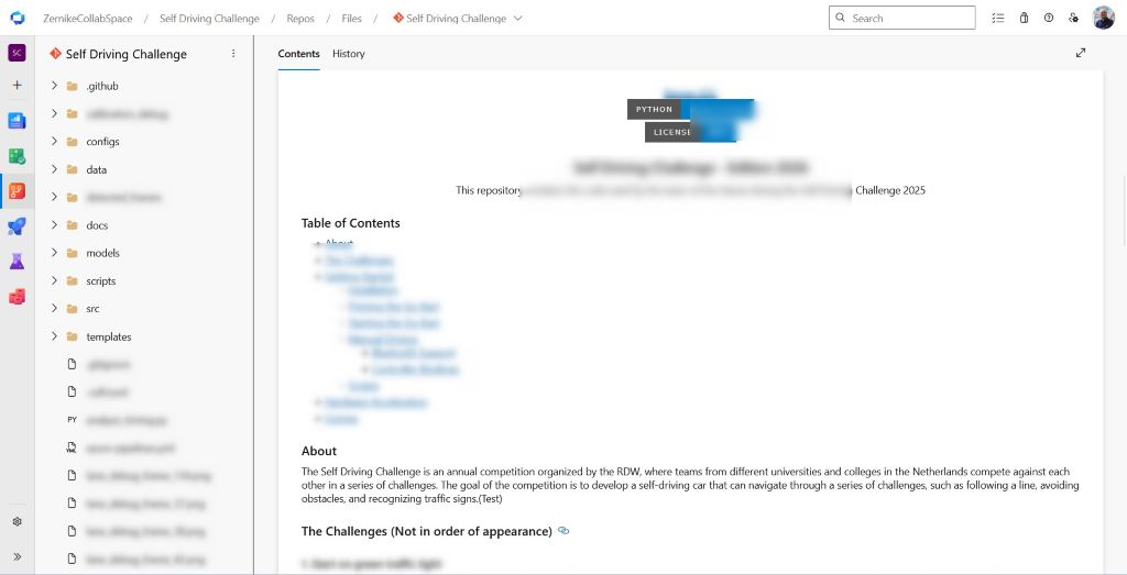 Repository in Azure DevOps met de mappenstructuur en README van een project