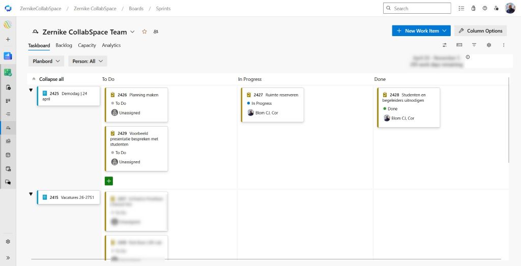 Sprintbord in Azure DevOps met kolommen To Do, In Progress en Done