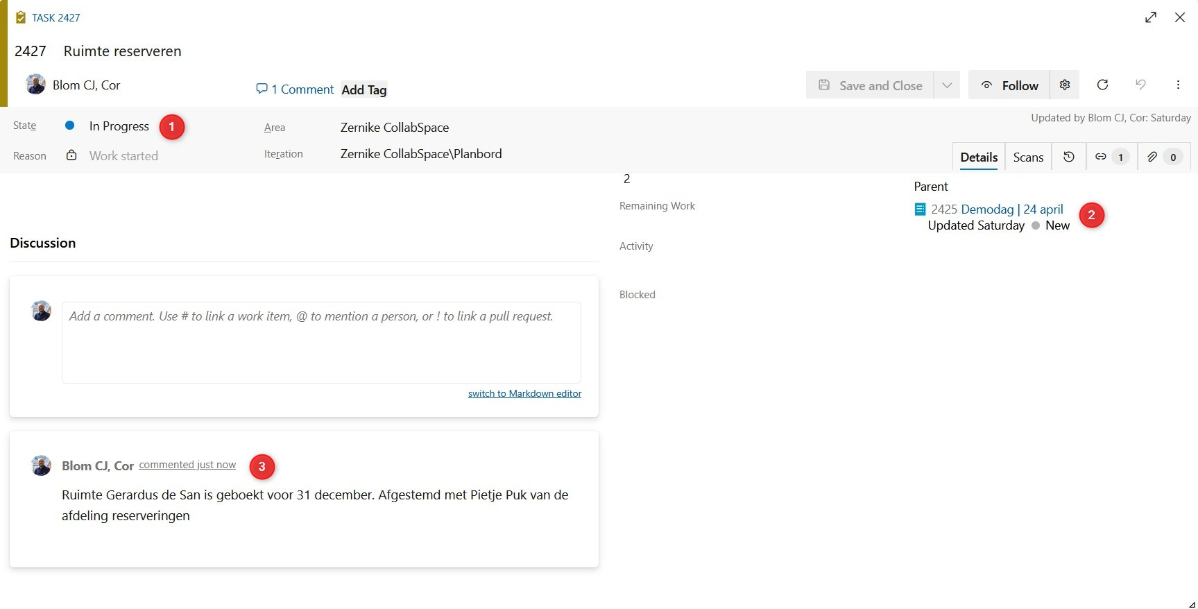 Taak in Azure DevOps met status In Progress, parent-PBI en een comment met het resultaat