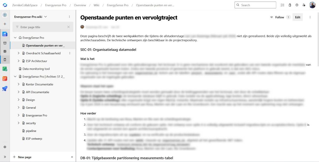 Wiki in Azure DevOps met projectdocumentatie en een pagina met openstaande punten en vervolgtraject